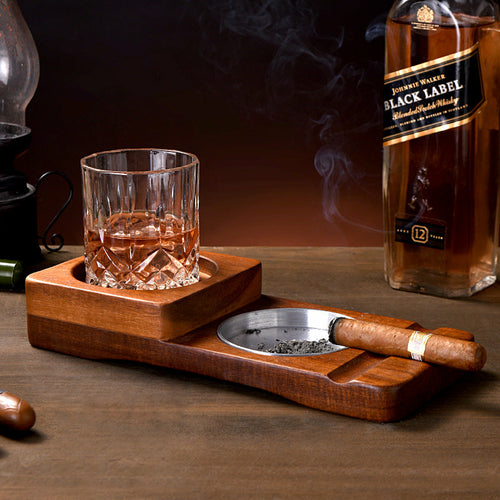 Whiskey & Cigar Gift Set Tray for Men – Wooden 2-in-1 Ashtray and Glass Holder