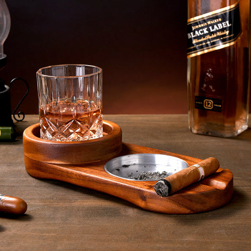Whiskey & Cigar Gift Set Tray for Men – Wooden 2-in-1 Ashtray and Glass Holder